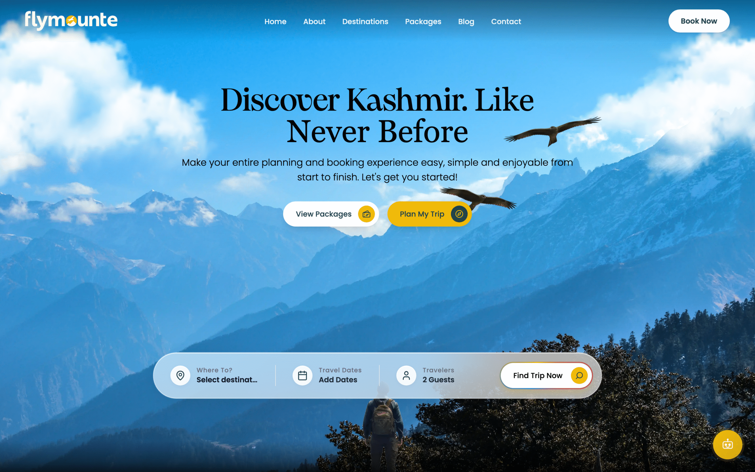 FlyMounte travel website hero section with Kashmir mountains parallax animation