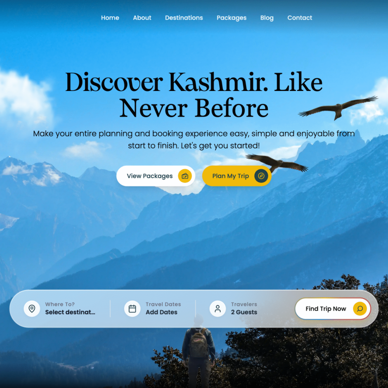 FlyMounte travel website hero section with Kashmir mountains parallax animation